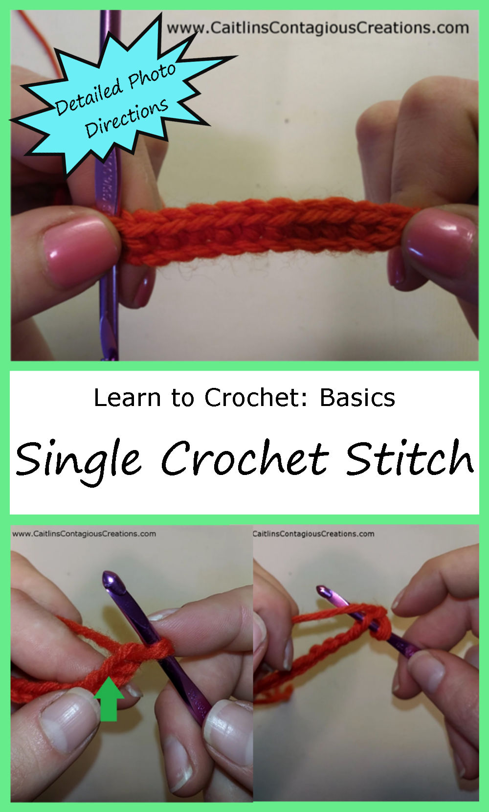 Learn to Crochet the Single Crochet Stitch, a tutorial from Caitlin's Contagious Creations. This easy beginner friendly guide is a great way to learn basic skills for crochet. The photo packed step by step instruction is easy and fun to follow.