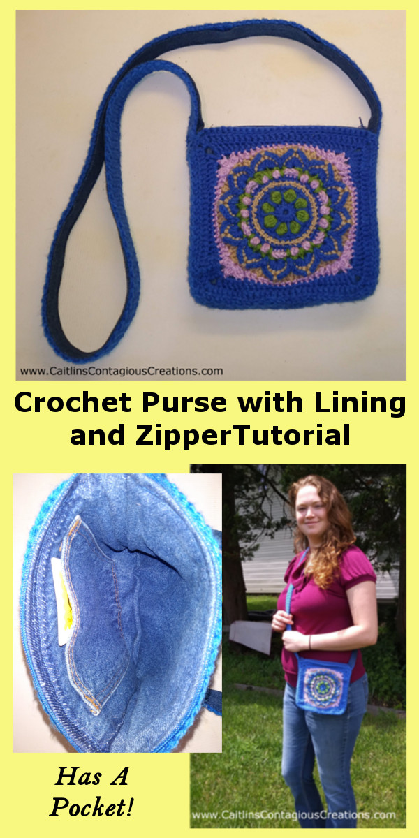 The crochet purse tutorial will teach you to make your own shoulder bag or hand bag from ANY crochet square pattern. It also gives step by step instructions with photos to add a denim lining with a pocket and a zipper! Create yours today| Caitlin's Contagious Creations