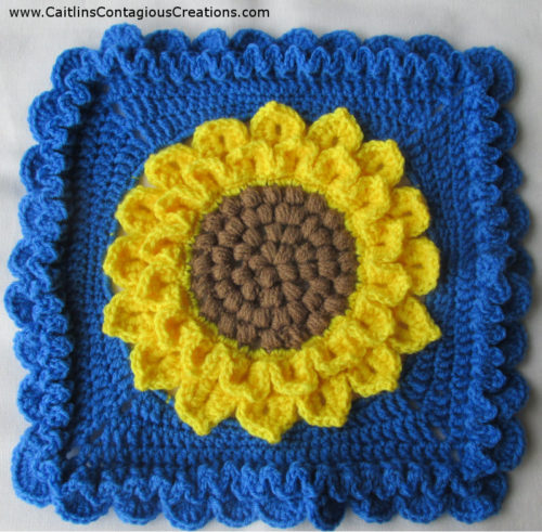 Easy fun crocodile stitch sunflower square free crochet pattern. Check out this versatile square design you can make quickly. This pattern has lots of easy to follow pictures! | Caitlin's Contagious Creations