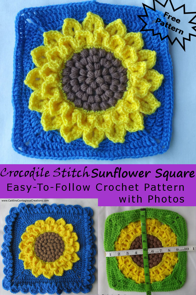 Free Crochet Pattern! Make Your own crocodile stitch sunflower square. This beautiful pattern has tons of texture and features easy to follow directions and lots of photos. Make yours today! | Caitlin's Contagious Creations