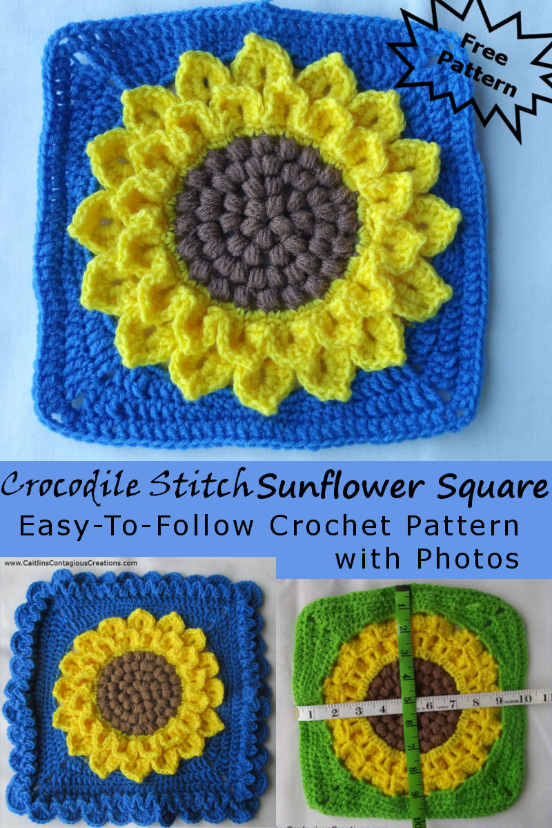 Crocodile Stitch Sunflower Square free crochet pattern. This easy to follow design has tons of pictures and is easy to follow. Grab your hook and make yours today. | Caitlin's Contagious Creations
