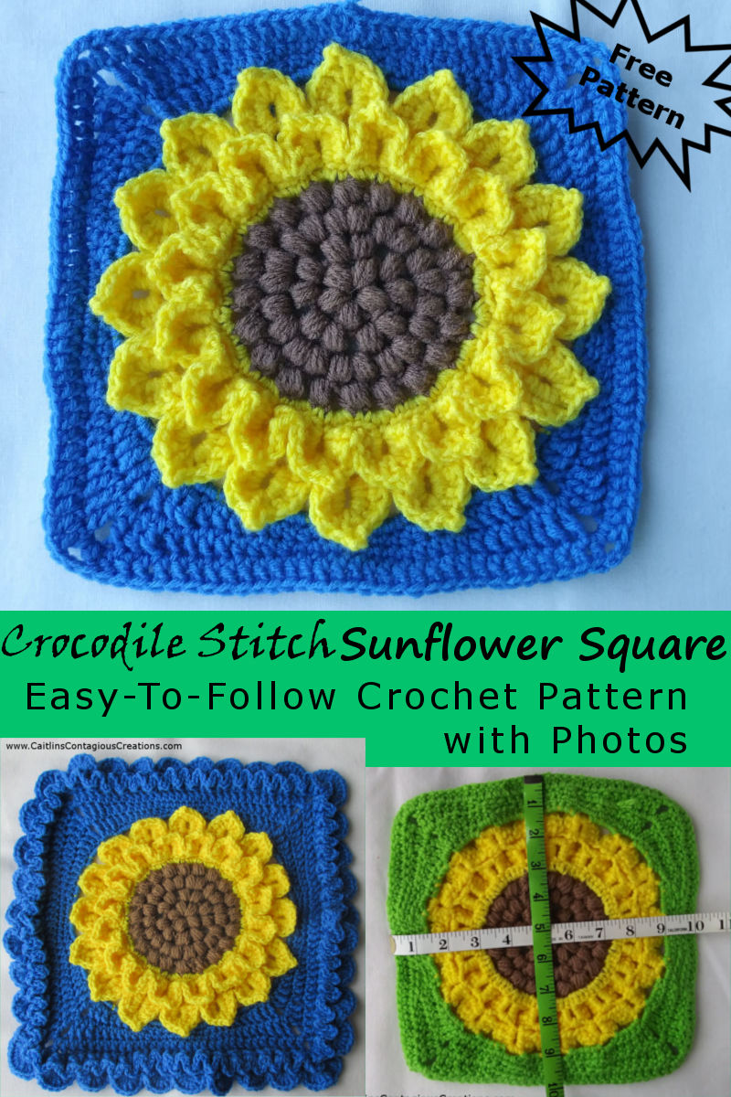 Crocodile Stitch Sunflower Square crochet pattern. This fun and easy to follow design has lots of pics to help you make your own! | Caitlin's Contagious Creations
