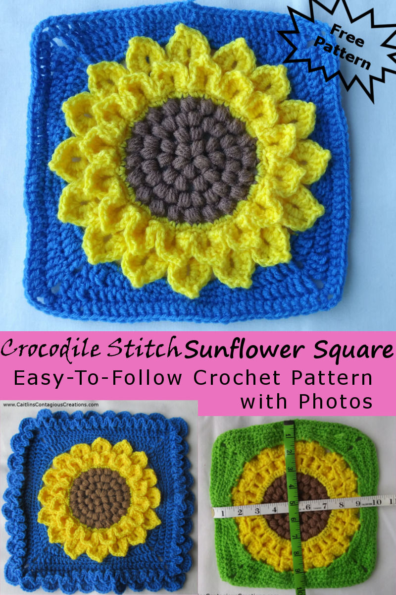 Crocodile Stitch Sun Flower Square Free Crochet Pattern. A fun and easy to follow design with a photo tutorial. Grab your hook and make your own sunflower now! | Caitlin's Contagious Creations