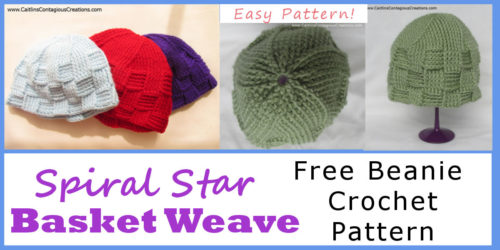Free Spiral Star Basket Weave Beanie Crochet Pattern from Caitlin's Contagious Creations. This fun and fast winter hat crochet design is perfect for beginners. The thick and warm hat is a great gift for men and women, just in time for the holidays!