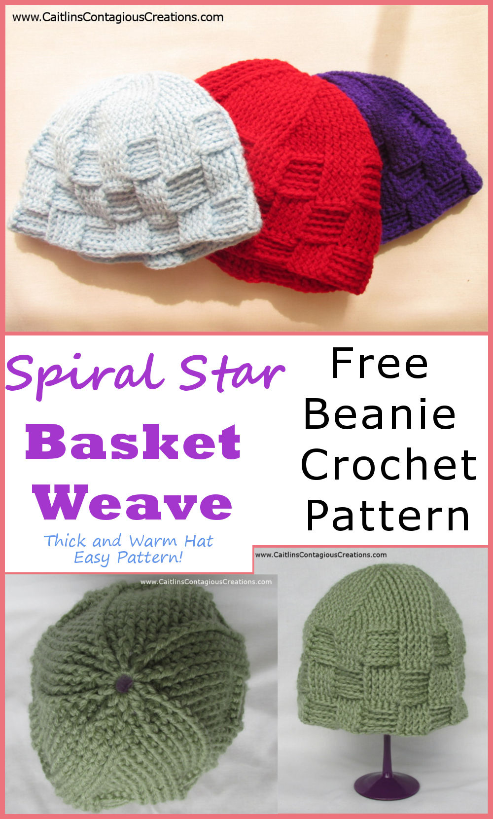 Basket Weave Beanie crochet pattern with a spiral star pattern on top from Caitlin's Contagious Creations. This quick and easy winter hat features a fun spiral star design on top and basket weave texture on the sides. This adult sized cap makes a great gift for men and women. 