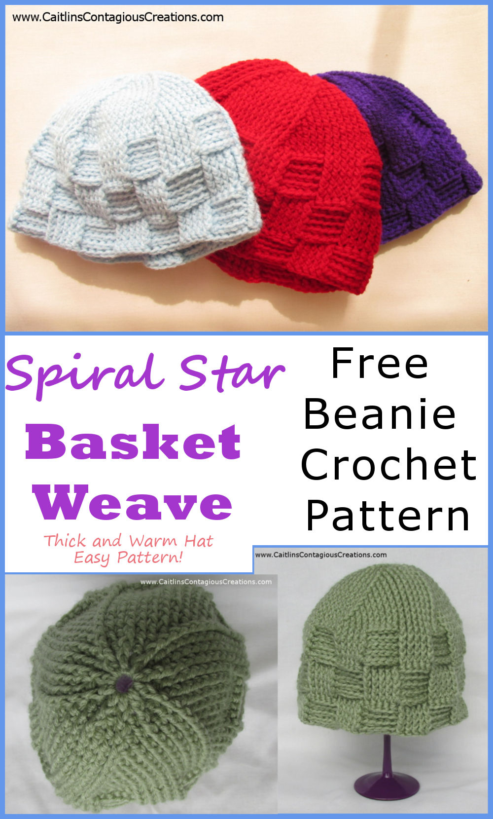 Free Spiral Star Basket Weave Beanie Crochet Pattern from Caitlin's Contagious Creations. This thick and warm hat has a beautiful cabled spiral star pattern on top and basket weave texture on the sides. A free beginner friendly winter hat design that works up quickly.