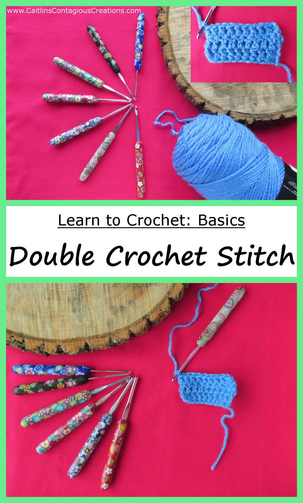 Learn to Crochet a basic stitch, the Double Crochet Stitch. This tutorial from Caitlin's Contagious Creations is a perfect beginner guide with lots of pictures. This free crochet tutorial is simple to follow and easy for any skill level.