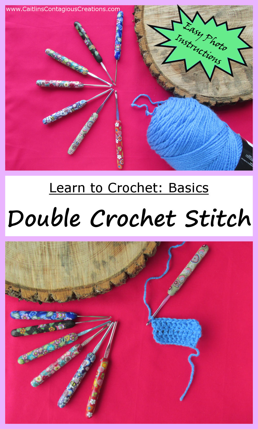 Learn to Crochet the Double Crochet Stitch, a tutorial from Caitlin's Contagious Creations. This easy to follow guide is full of pictures and simple instructions. This beginner friendly lesson is a great way to expand your crochet skill set.
