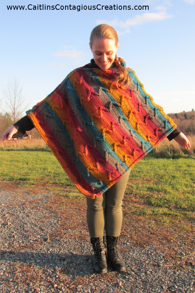 Zig Zag Autumn Poncho Crochet Pattern by Caitlin's Contagious Creations. Lovely cabled design with thick chunky zig zags and a built in border. This easy, beginner friendly crochet pattern is available free, check it out today!