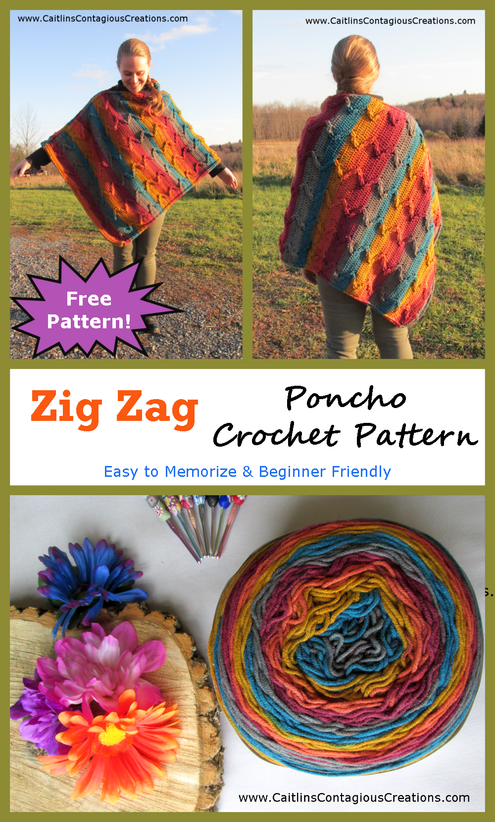 Autumn colored poncho with zig zag cable texture