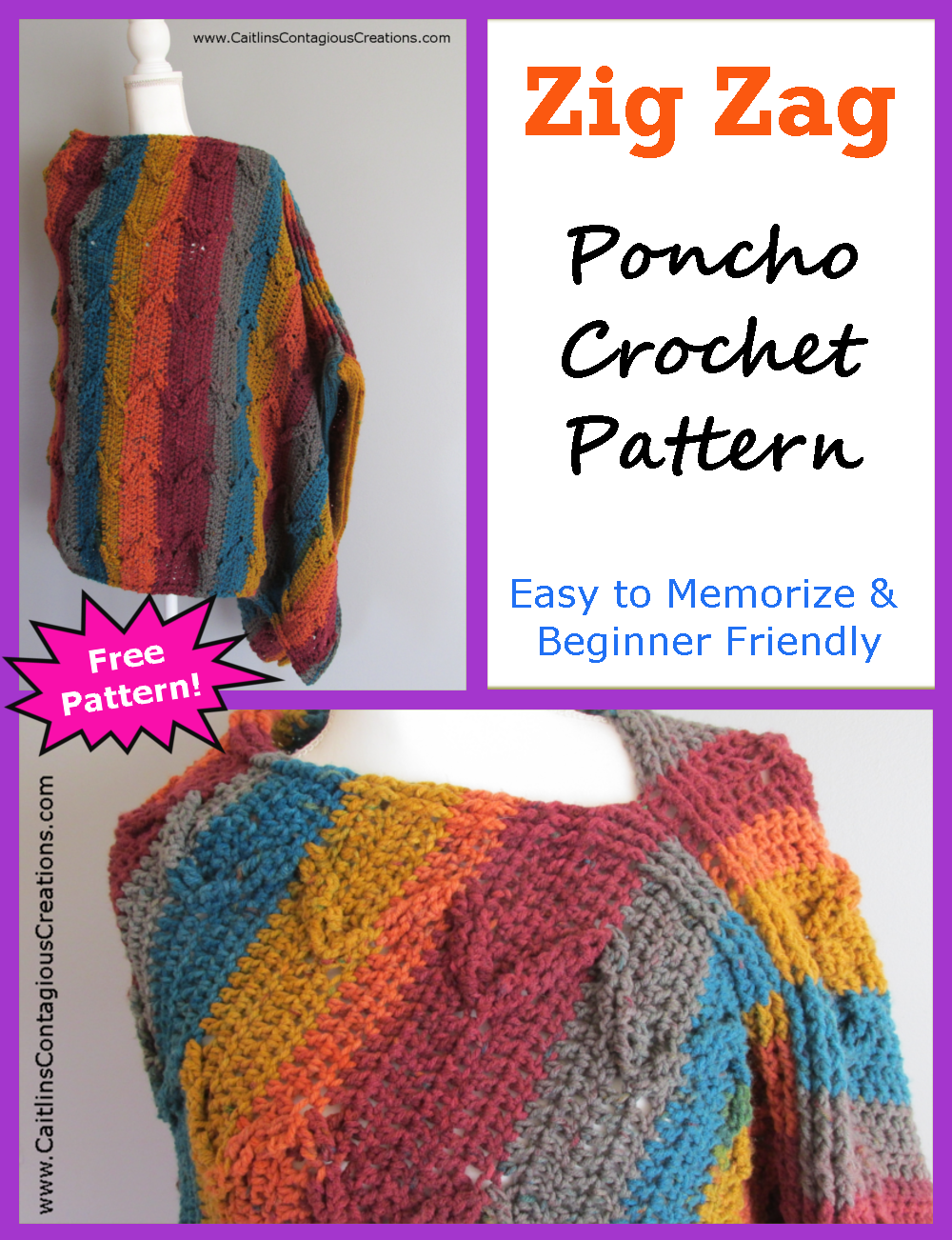 This fun, free poncho crochet pattern is wonderful for beginners and features a thick and warm zig zag texture perfect for autumn cool weather. Check it out now!
