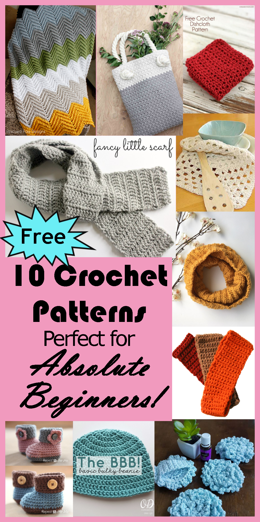 10 perfect crochet patterns for the absolute beginner! This round up from Caitlin's Contagious Creations has ten totally free projects for the absolute beginner. Start one today!