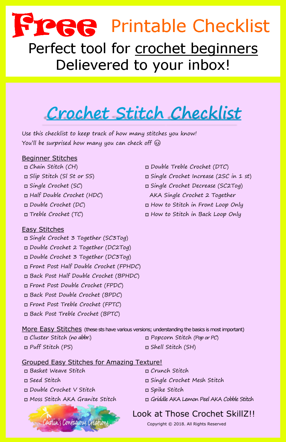 This crochet stitch checklist is a great tool for beginners to boost confidence and keep track of how many stitches you know. Get your copy of this free printable PDF checklist handout, helpful for crochet beginners and advanced alike!