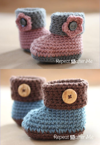 Cuffed Baby Booties Crochet Pattern. Part of Caitlin's Contagious Creations Beginner Pattern Round Up. 10 Free crochet patterns perfect for total beginners.