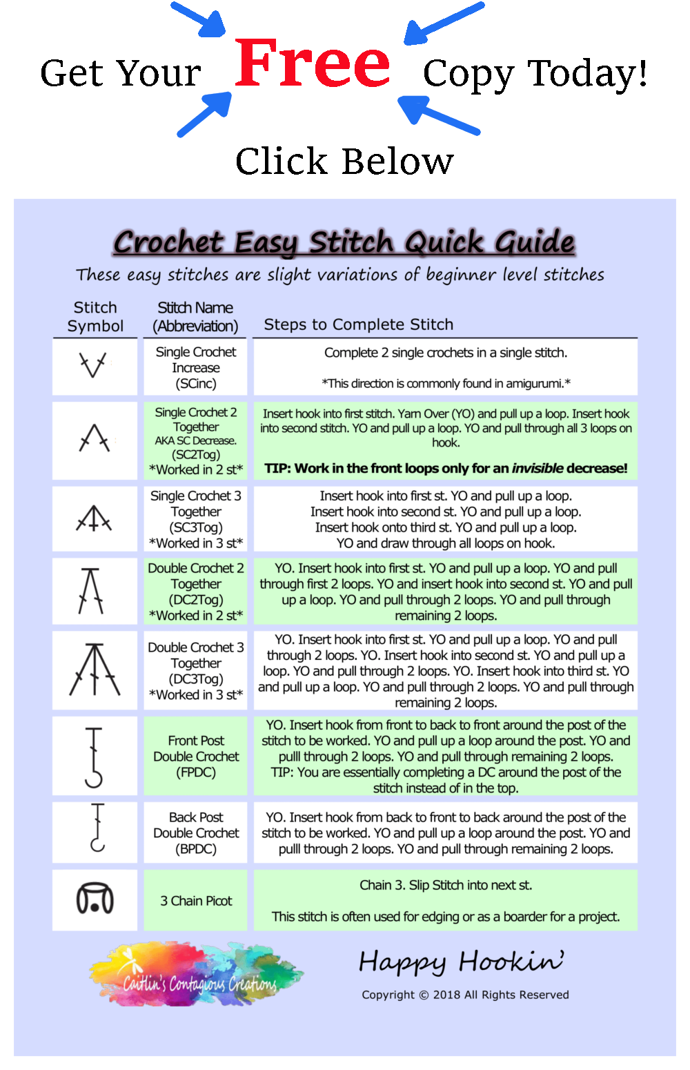 A crochet stitch mini tutorial with directions and stitch symbols for easy crochet stitches. This printable PDF quick guide is available from Caitlin's Contagious Creations.