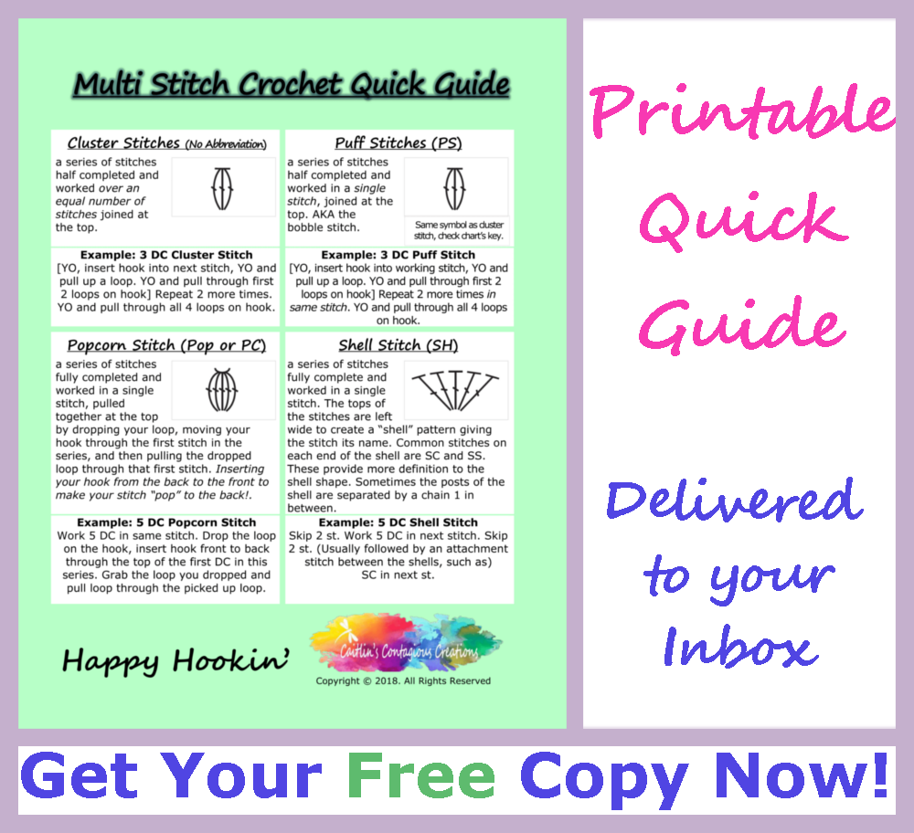 Get the free PDF printable crochet multi stitch quick guide. This is a great thing to keep in your project bag, perfect for beginners or anyone who wants to know the difference between the many multi stitches in crochet. Get your free copy here!