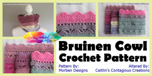 The Bruinen Crochet Pattern design from Morben Designs has been turned into a cowl! This free crochet pattern and tutorial from Caitlin's Contagious Creations will guide you with descriptions and photos to turn this lovely shawl crochet pattern into a neck warmer. It is easy and fun to make. and just in time for Spring!
