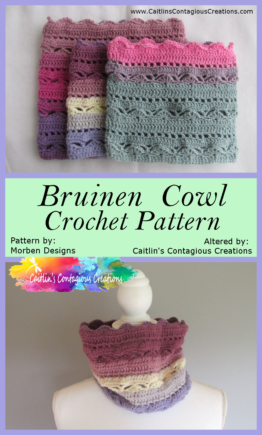 The Bruinen crochet pattern from Morben Designs has been turned into a neck warmer! This lovely shawl crochet pattern is easy and fun to make. This free photo tutorial from Caitlin's Contagious Creations provides step by step instructions for you to make this beautiful cowl.