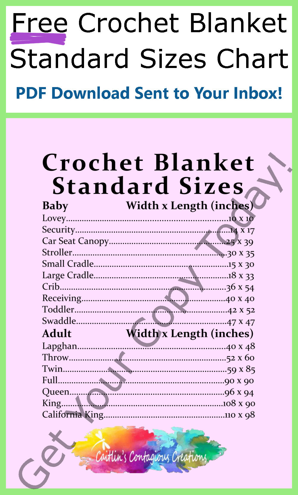 Free Crochet Blanket Standard Size Quick Guide in a printable PDF format. Great cheat sheet for crocheters of all skill levels!