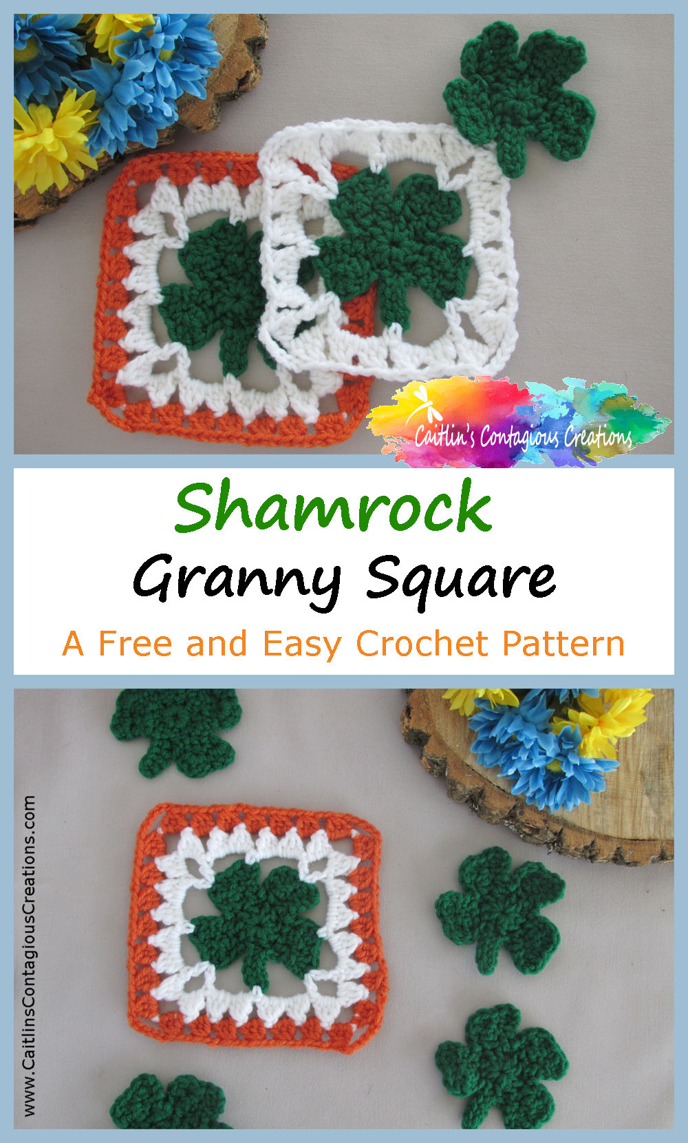 This Shamrock Granny Square Crochet Pattern from Caitlin's Contagious Creations is perfect for St. Paddy's Day and more! An easy Irish flower afghan square crochet design is perfect to make a garland or blanket, but you could also create a laptop or tablet case or a scarf or shawl! Try this free Four 4 Lead Clover  granny square crochet pattern today!