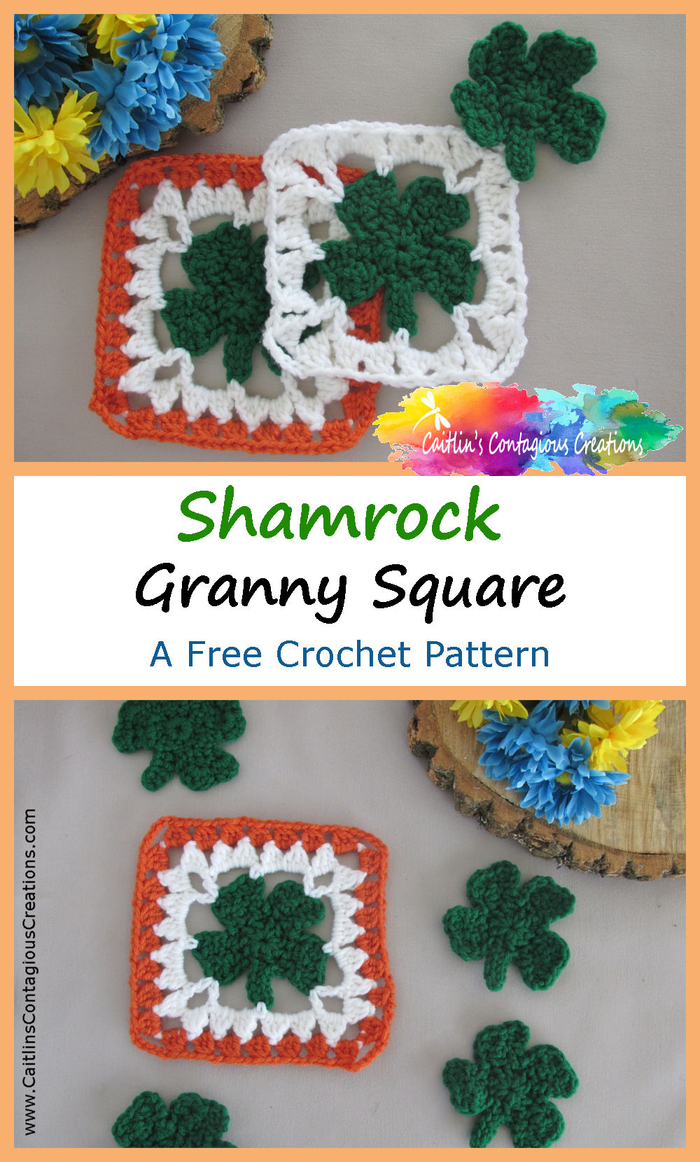 Shamrock Granny Square Crochet Pattern from Caitlin's Contagious Creations. This free and easy four 4 leaf clover crochet design is great for anyone wanting to show a little Irish spirit! This Irish flower afghan square is great as decoration for St Patrick's Day or as a blanket or tablet case all year long! Try it now!