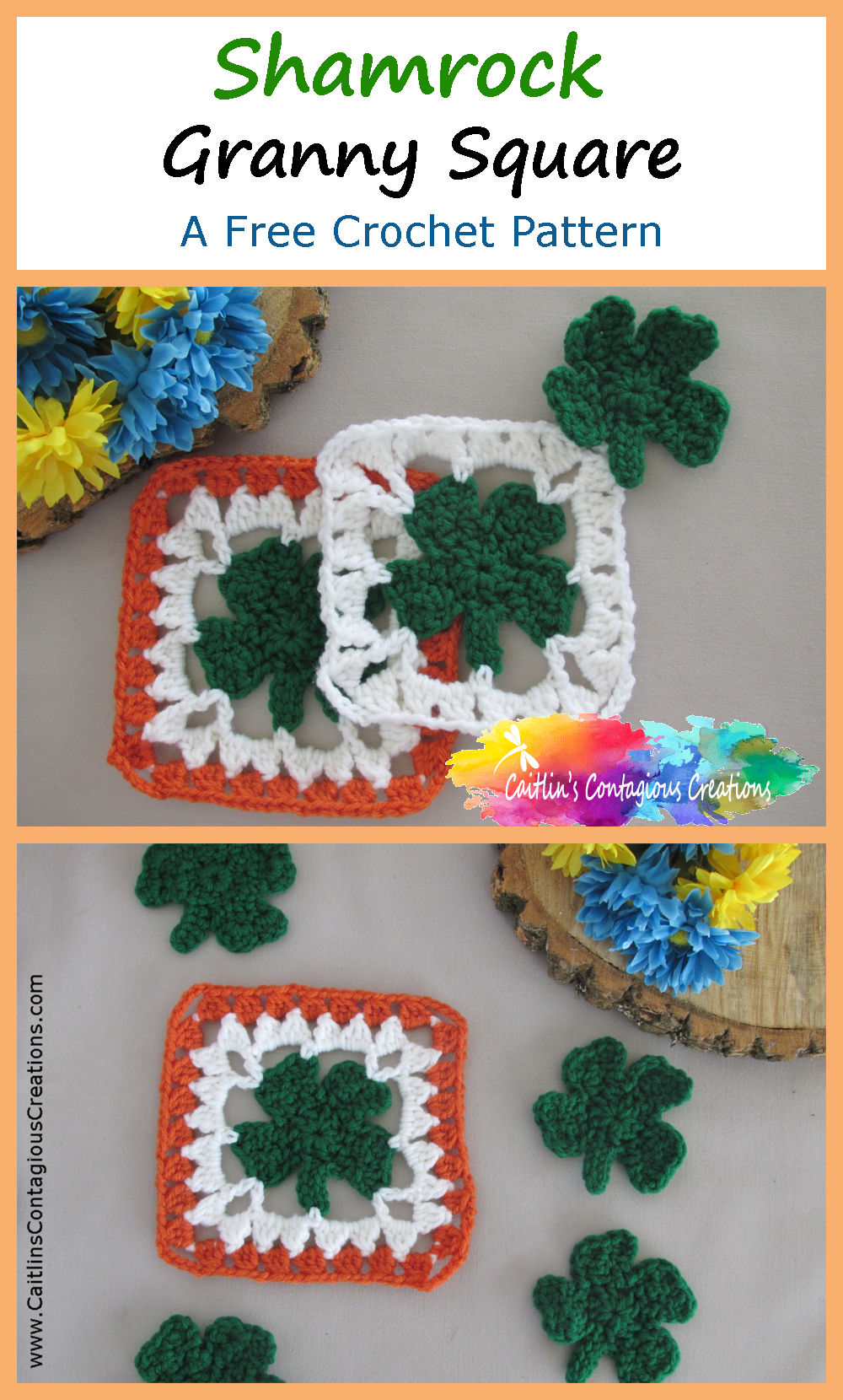 The Shamrock Granny Square crochet pattern from Caitlin's Contagious Creations has lots of pictures to help you along. This free and fun four 4 leaf clover crochet pattern is easy to complete and is great all year long, not just for St Paddy's Day. Make some Irish flower garlands, scarves, shawls, or blankets. Get started now!