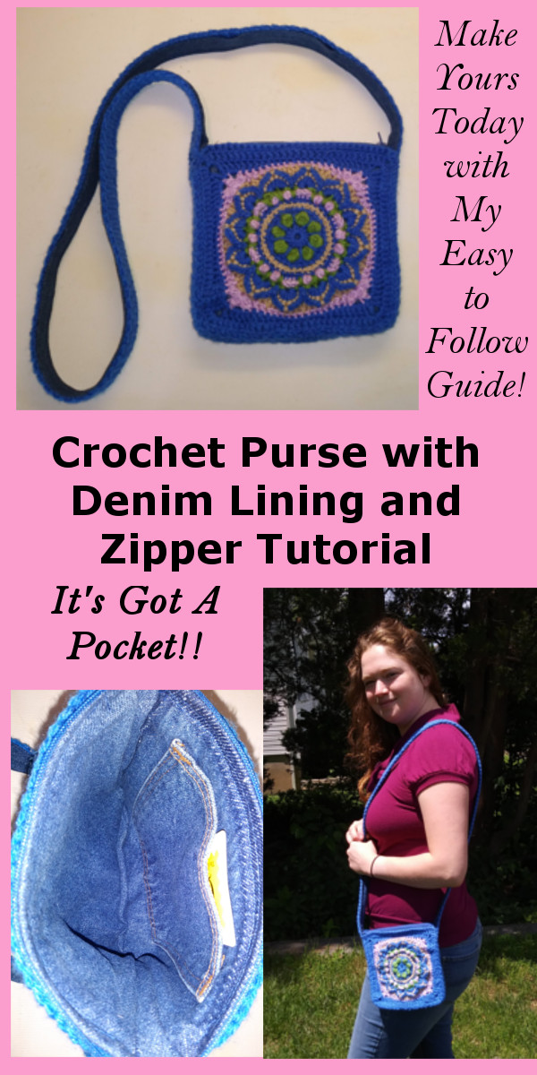 The crochet purse tutorial will teach you to make your own shoulder bag or hand bag from ANY crochet square pattern. It also gives step by step instructions with photos to add a denim lining with a pocket and a zipper! Create yours today #CrochetPurse