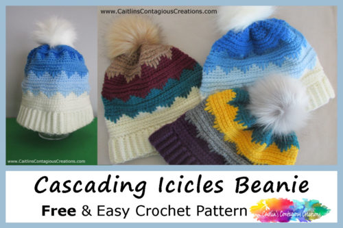 Free Cascading Icicles Beanie Crochet Pattern from Caitlin's Contagious Creations. The pattern has written directions and step by step photo instructions for 3 sizes. A fun and easy winter cap with an additional option for a messy bun ponytail hat!! This beanie crochet pattern is perfect for men and women. Start yours today!