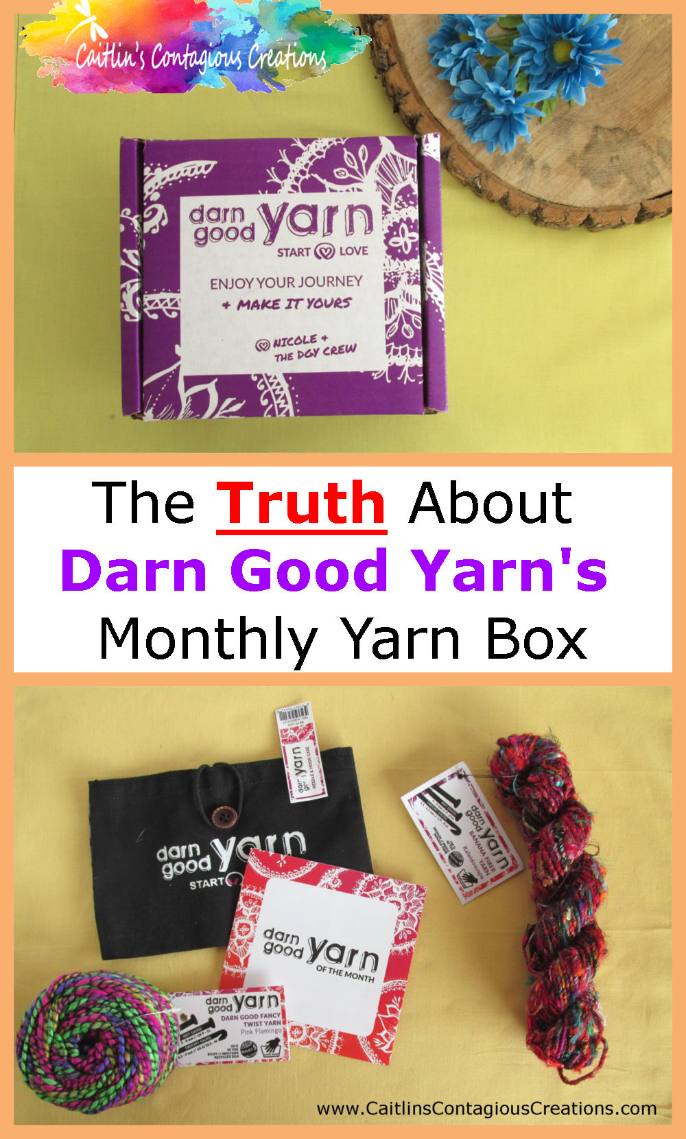 The truth about Darn Good Yarn Box from Caitlin's Contagious Creations. A yarn box review with all the details you need to know before trying this crochet and knitting yarn month club. #DarnGoodYarnBoxReview