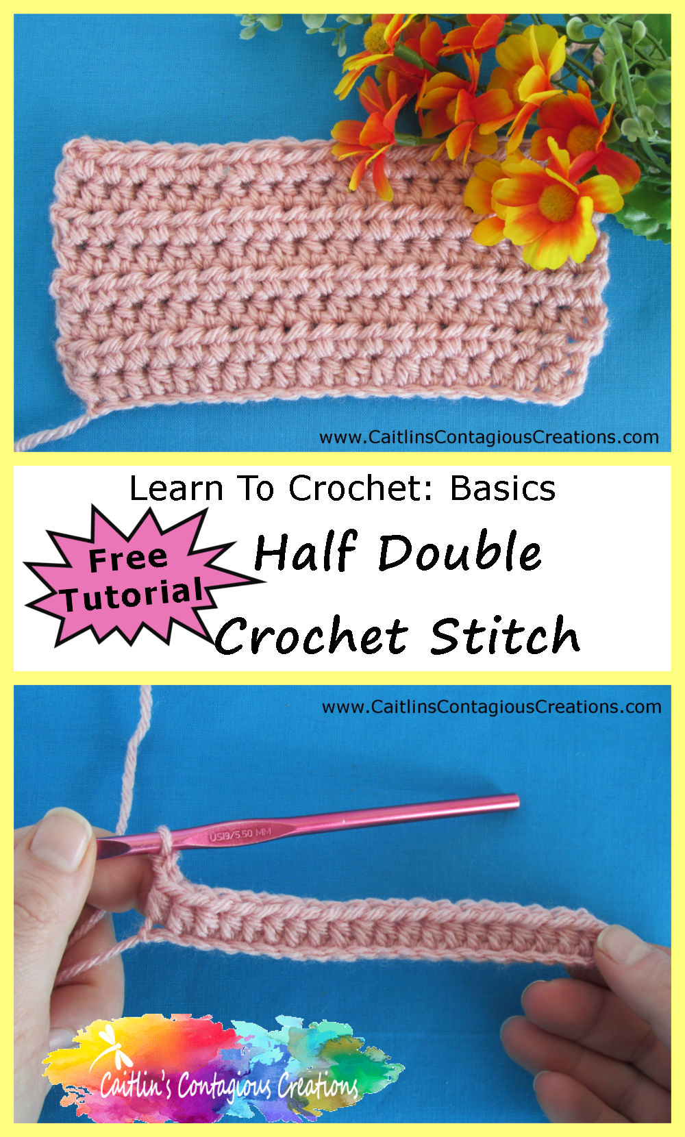 Half Double Crochet Stitch Tutorial from Caitlin's Contagious Creations.  A free, easy to understand HDC stich lesson with written directions and photo instructions to help any beginner learn a basic stitch.
