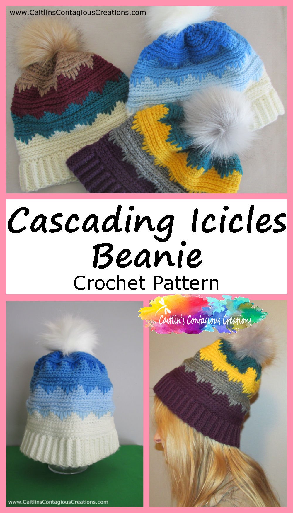 The Cascading Icicles Beanie Crochet Pattern is a free and easy crochet design written in 3 adult sizes by Caitlin's Contagious Creations. Written directions and step by step photos help you make either a winter cap or a messy bun ponytail hat! Grab you hook and start yours now.