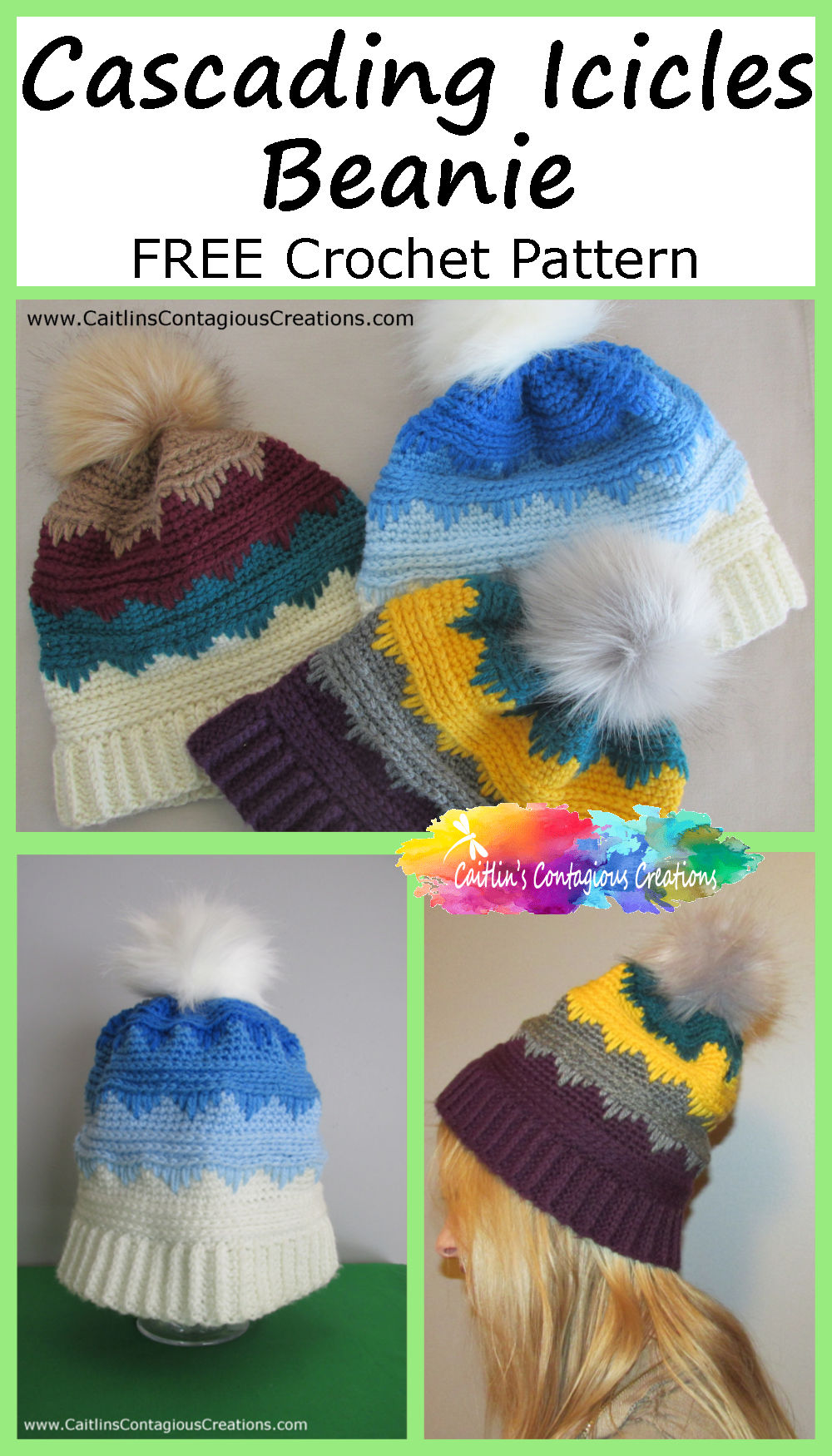 This free and easy crochet pattern from Caitlin's Contagious Creations is the Cascading Icicles Beanie. It's an easy level pattern with written instructions and lots of photos to make 3 adult sizes. The directions include options for a full winter cap or a messy bun ponytail style hat. Start yours now!