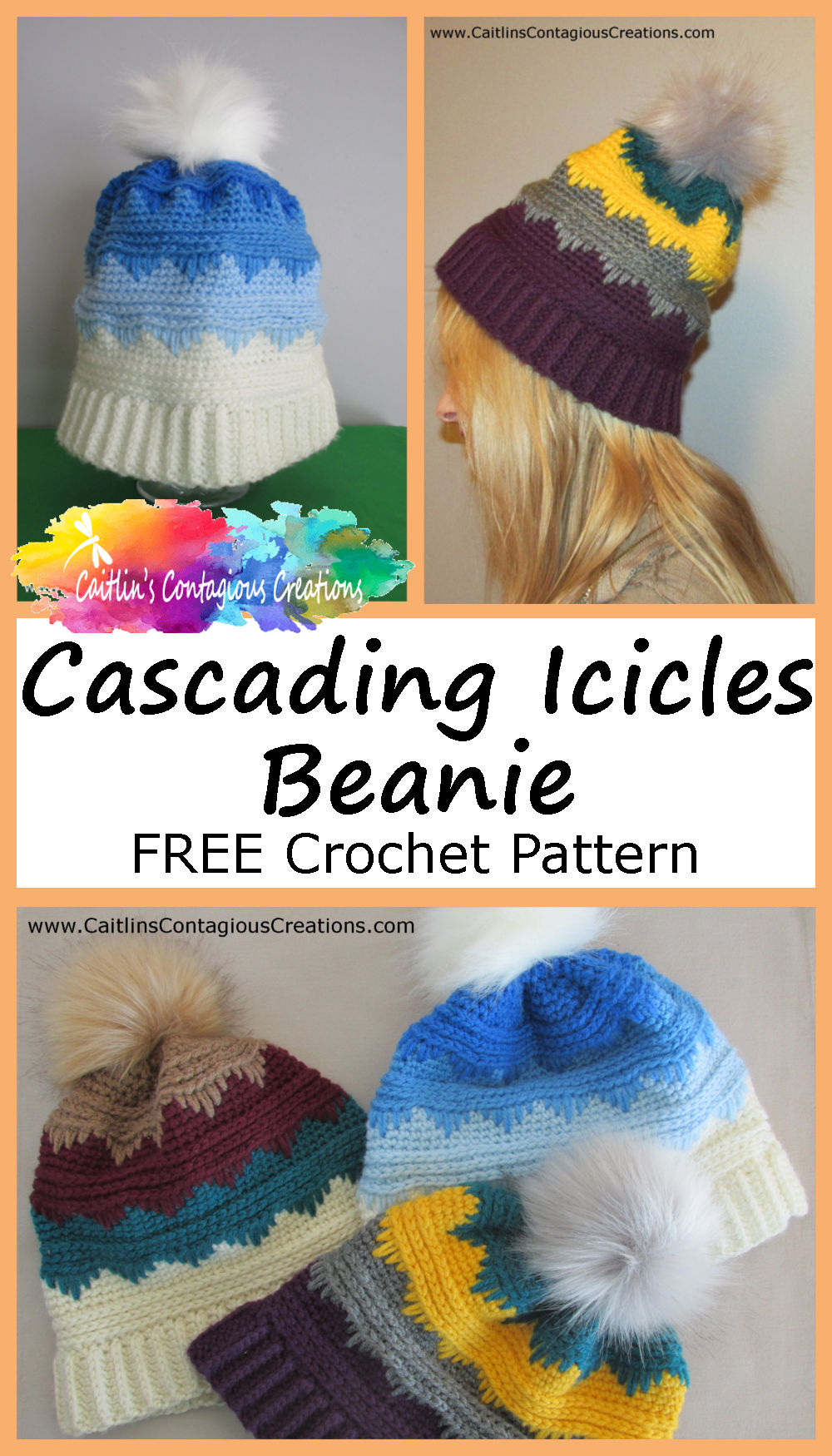 Free Cascading Icicles Beanie Crochet Pattern from Caitlin's Contagious Creations. The written pattern directions include a photo tutorial to make this hat in 3 adult sizes! This easy level crochet design includes instructions to make a messy bun ponytail hat OR a regular winter cap!
