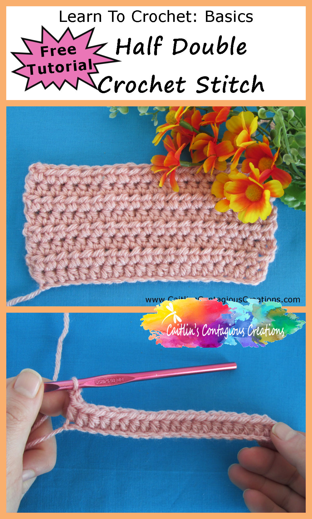 This free Half Double Crochet Stitch tutorial from Caitlin's Contagious Creations guides you through completing a basic crochet skill, the half double crochet (HDC). Featuring easy to follow, step by step written directions and pictured instructions, you will be working this essentail crochet skill in no time! #LearnToCrochet #Crochet101