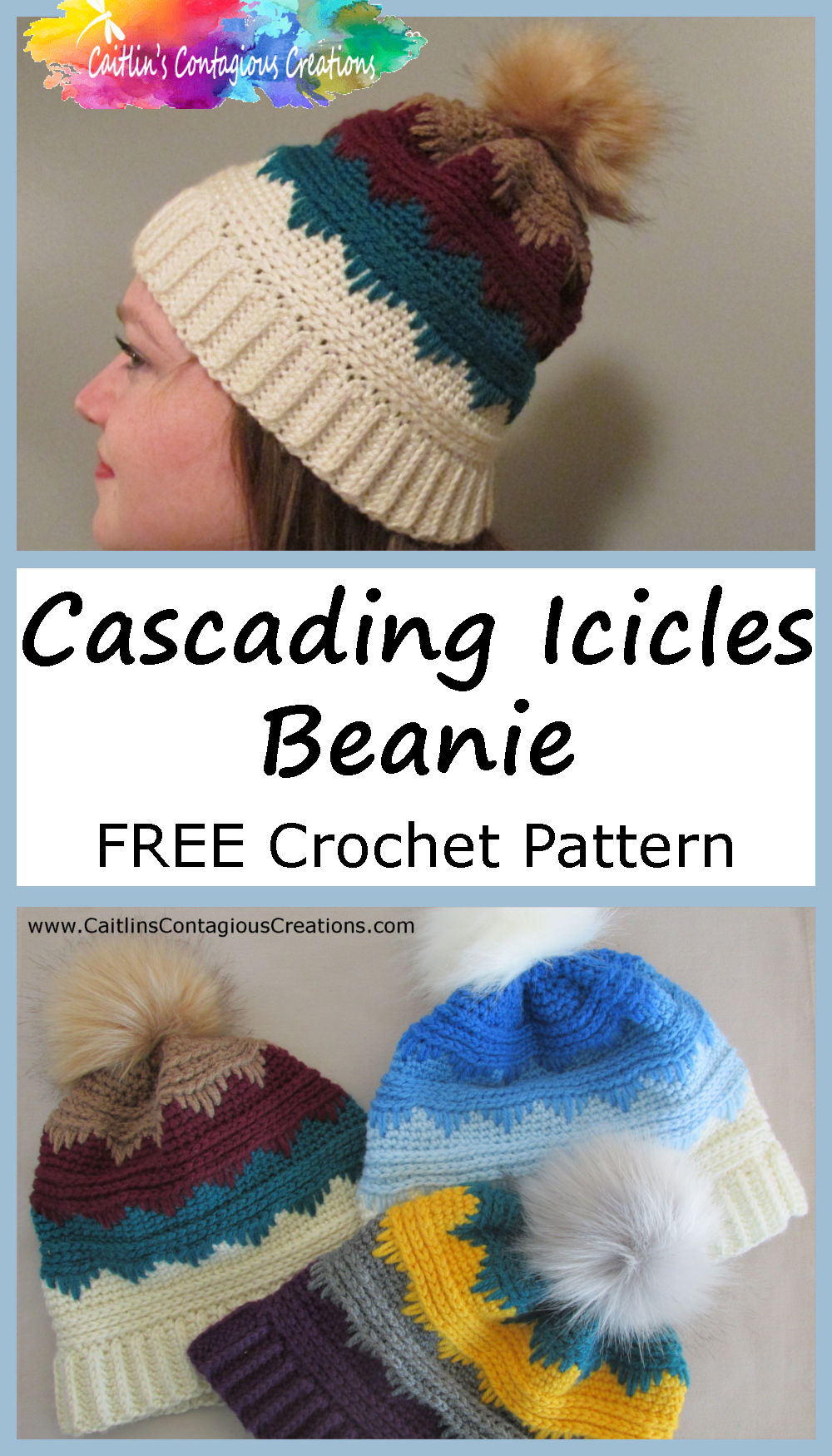 Cascading Icicles Beanie Crochet Pattern from Caitlin's Contagious Creations includes options for 3 adult sizes, and can be either a winter cap or a ponytail messy bun hat. The design features written directions and step by step photo instructions. Check It Out Now!!