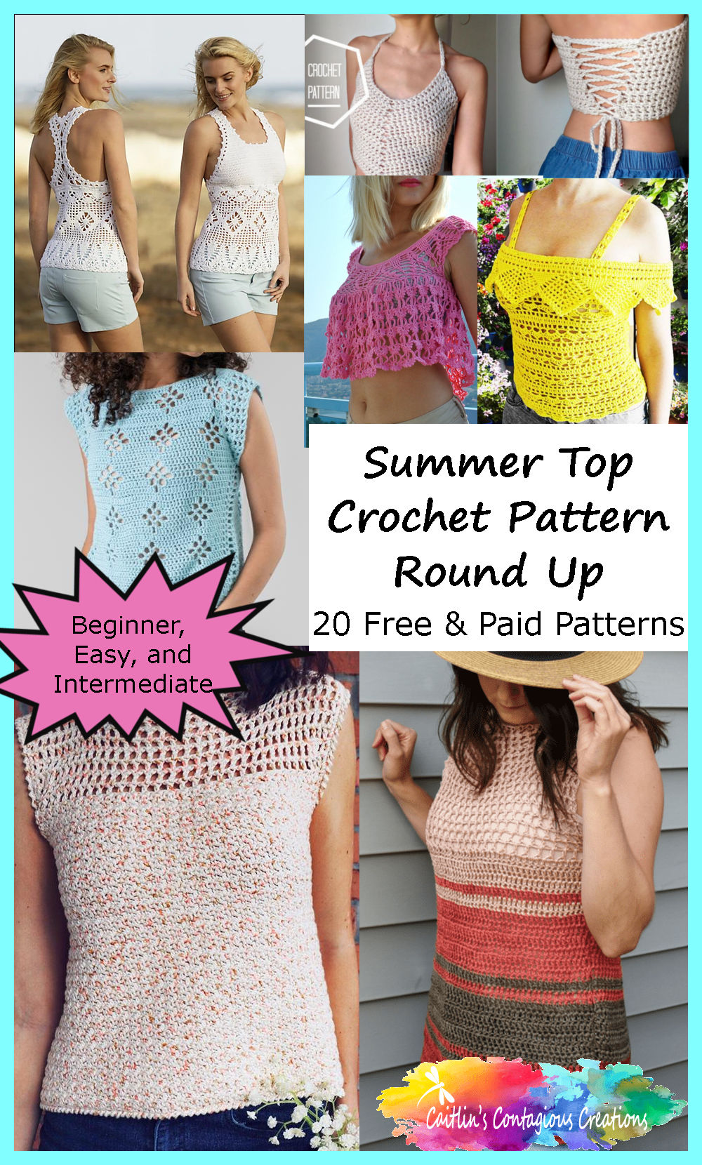A collection of summer shirt crochet patterns from Caitlin's Contagious Creations. Summer tops, tees, tanks, halters, crop tops, and swim suit cover ups for beginner, easy, and intermediate levels. This summer top round up includes free and paid patterns that are simple yet elegant. Select your favorite now! #SummerTopCrochetPattern #HalterCrochetPattern #SummerCrochetRoundUp
