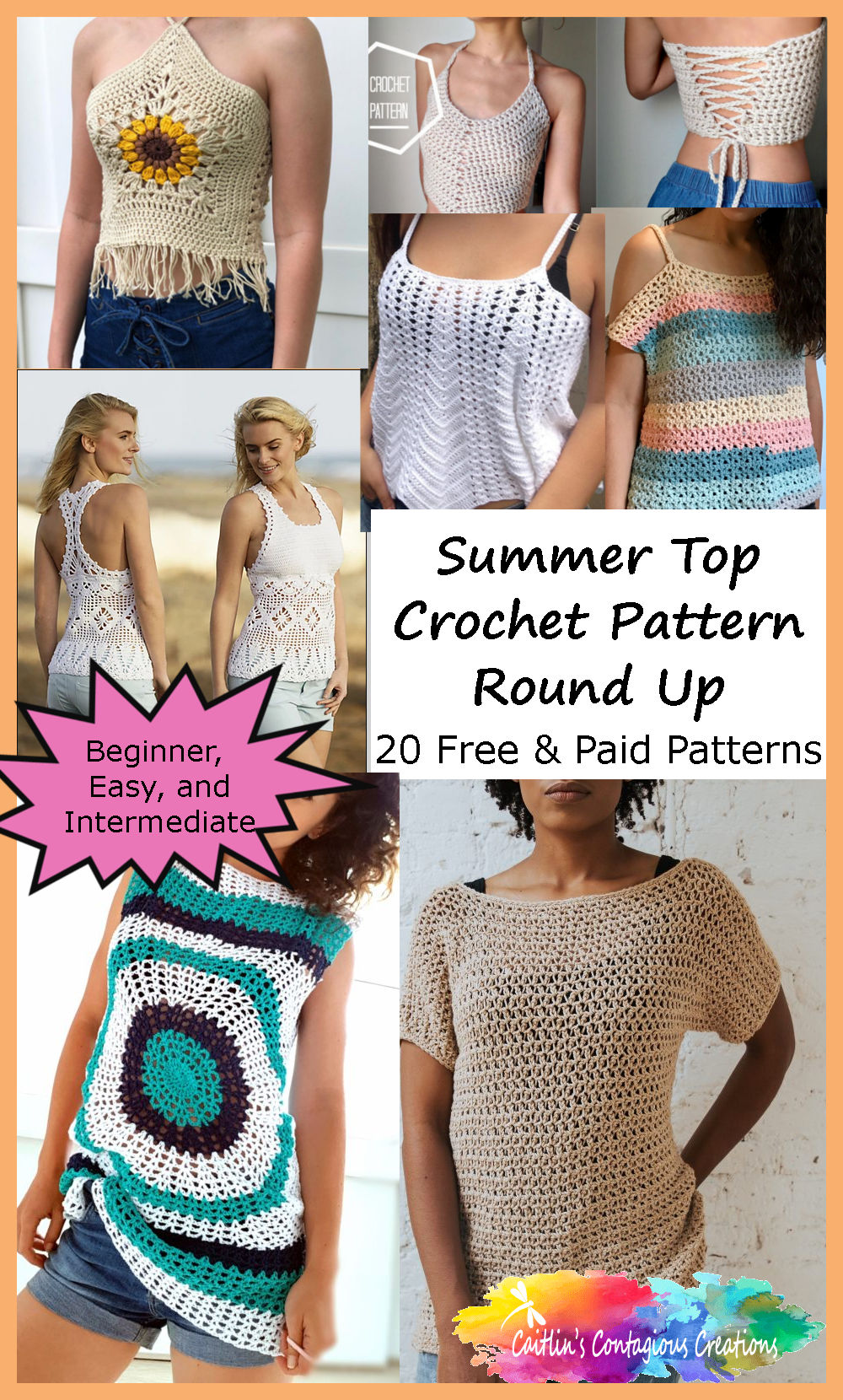 The Summer Top Crochet Pattern Round Up from Caitlin's Contagious Creations includes free and paid premium patterns. Each pattern features written instructions and photos. This collection features beginner, easy, and intermediate patterns for shirts, tees, tanks, halters, music festival tops, and bathing suit covers for women that are fun and casual. Start yours now! #SummerTopCrochetPattern #TankTopCrochetPattern #WomenCrochetPattern