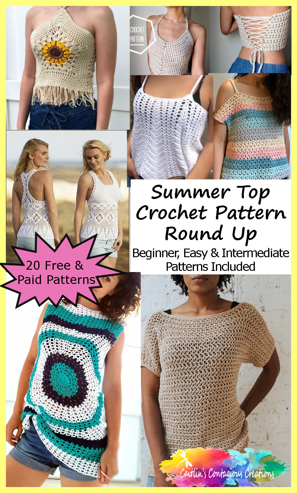 Summer Top Crochet Pattern Round Up from Caitlin's Contagious Creations is a collection of free and paid designs for beginner, easy, and intermediate shirt patterns. Patterns include boho inspired, classy yet simple, beautiful and elegant summer tees, tanks, beach covers, tunics, and crop tops for women. Pick your new summer top today! #SummerCrochetPattern #TunicCrochetPattern #BohoCrochetPatterns