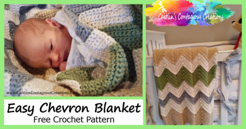 Easy Chevron Baby Blanket Crochet Pattern from Caitlin's Contagious Creations. This free, beginner friendly blanekt pattern is easy to customize with boy or girl colors or make bigger for an adult size afghan. It makes a wonderful baby shower or house warming gift. Start Yours Today!