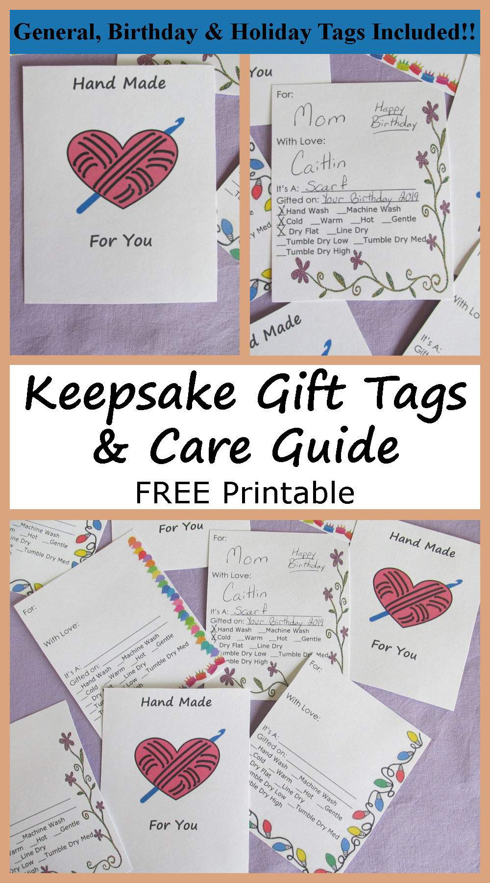 Keepsake Gift Tag and Care Guide Free Printable from Caitlin's Contagious Creations. General gift, birthday present and holiday gift tags included