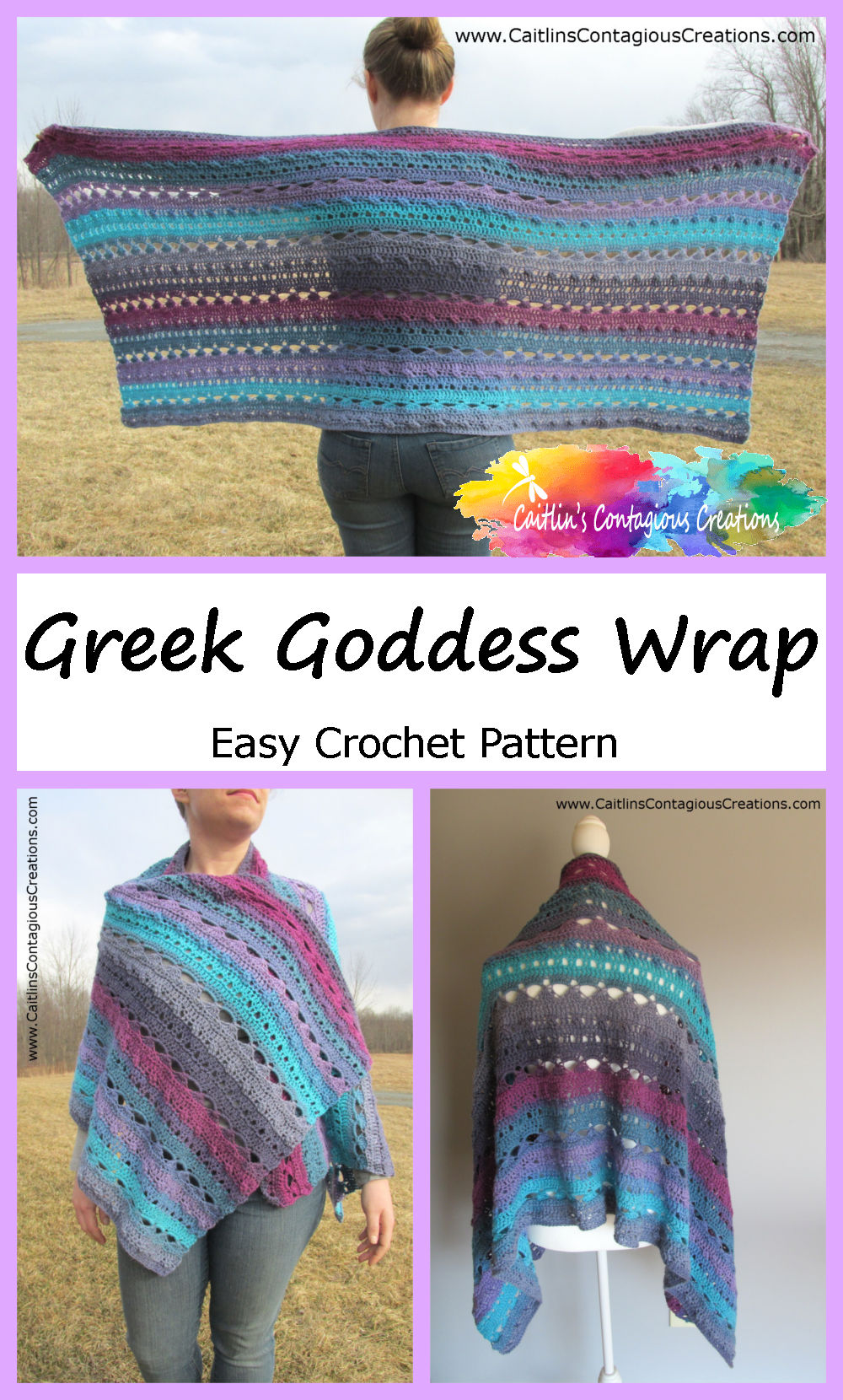 Greek Goddess Wrap Crochet Pattern from Caitlin's Contagious Creations. A free prayer shawl crochet design that is easy and fun! #FreeCrochetPattern #EasyCrochetPattern #WrapCrochetDesign