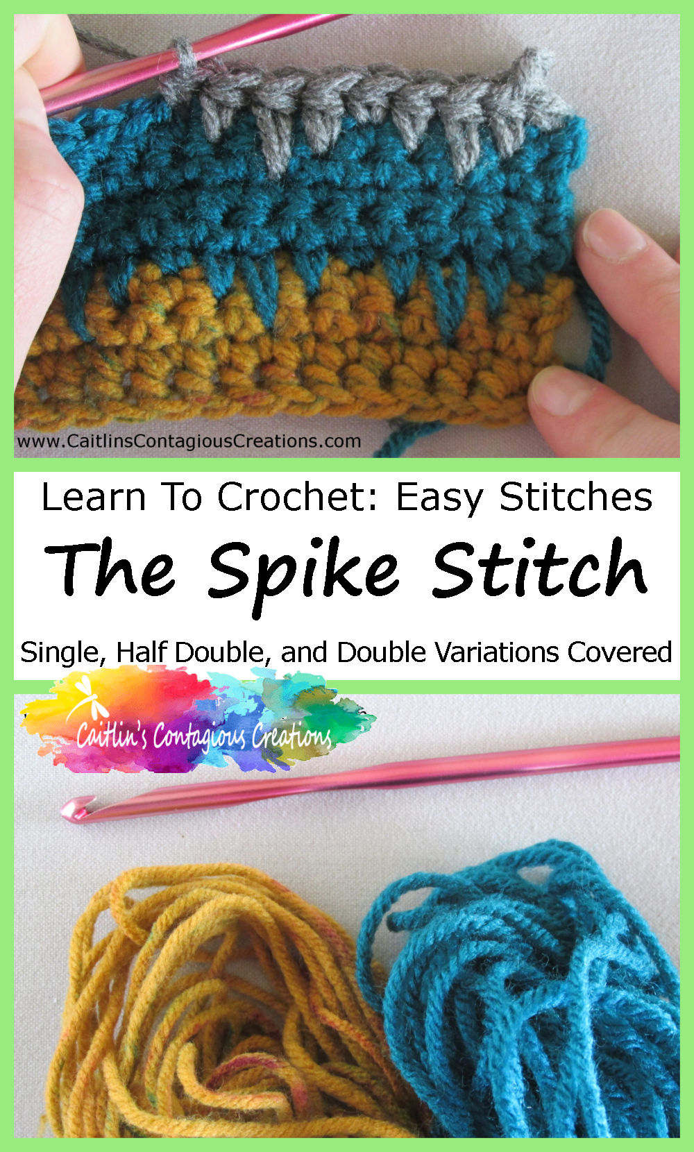 Learn to Crochet the Spike Stitch with this free crochet stitch tutorial from Caitlin's Contagious Creations. This easy to follow stitch guide is perfect for beginners who want to move beyond crochet basics. A photo tutorial with pictures and written instructions will have you working a fun new crochet stitch in no time! #LearnToCrochet #CrochetForBeginners #EasyCrochetStitches