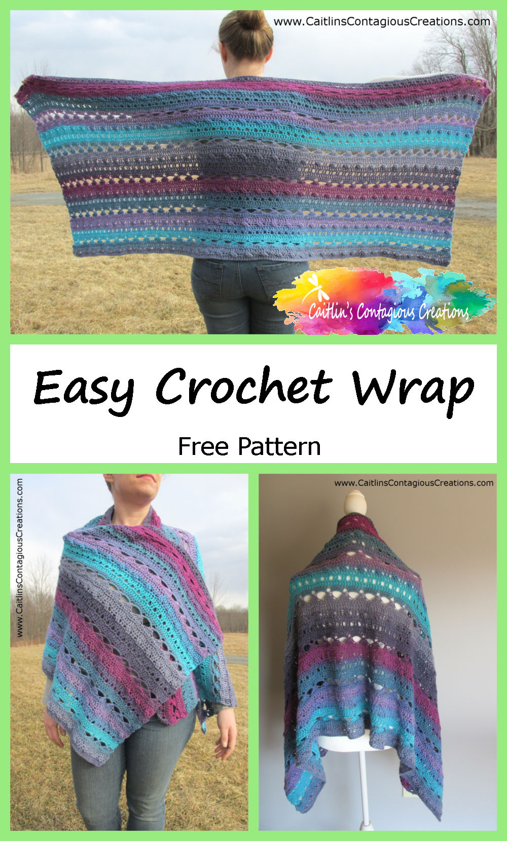 Free Greek Goddess Wrap Crochet Pattern, a fun and quick rectangle shawl crochet design from Caitlin's Contagious Creations. Make your own prayer shawl today! #ShawlCrochetPattern #FunCrochetPattern #FreeCrochetDesign