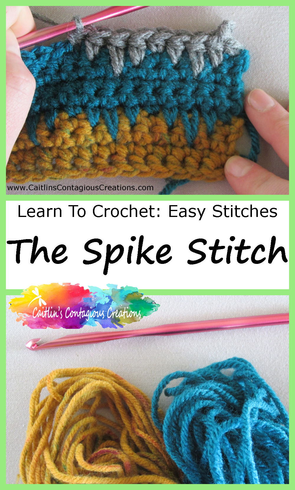 Spike Stitch Crochet Tutorial from Caitlin's Contagious Creations. This free crochet lesson for an easy crochet stitch helps beginners move beyond the basics. Learn how to crochet with a fun, quick picture guide including written directions for 3 variations of the spike stitch! #FreeCrochetLesson #HowToCrochet #LearnCrochetStitches