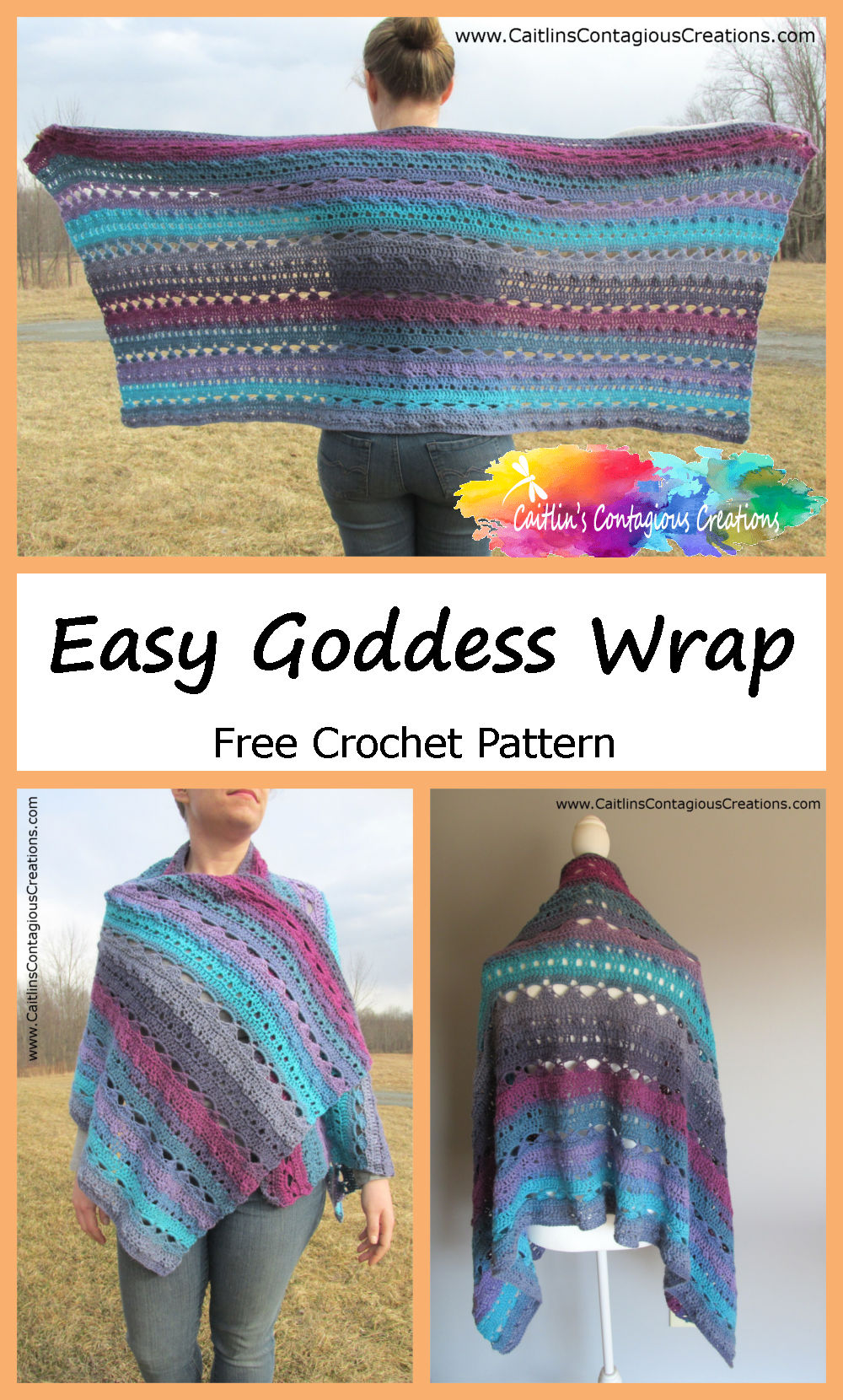 Easy Wrap Crochet Pattern from Caitlin's Contagious Creations. This free crochet design for a Greek Goddess prayer shawl is fun and quick. The pattern includes written directions and step by step photos. Start yours today! #FreeCrochetShawl #FreeCrochetWrap #WrapCrochetPattern