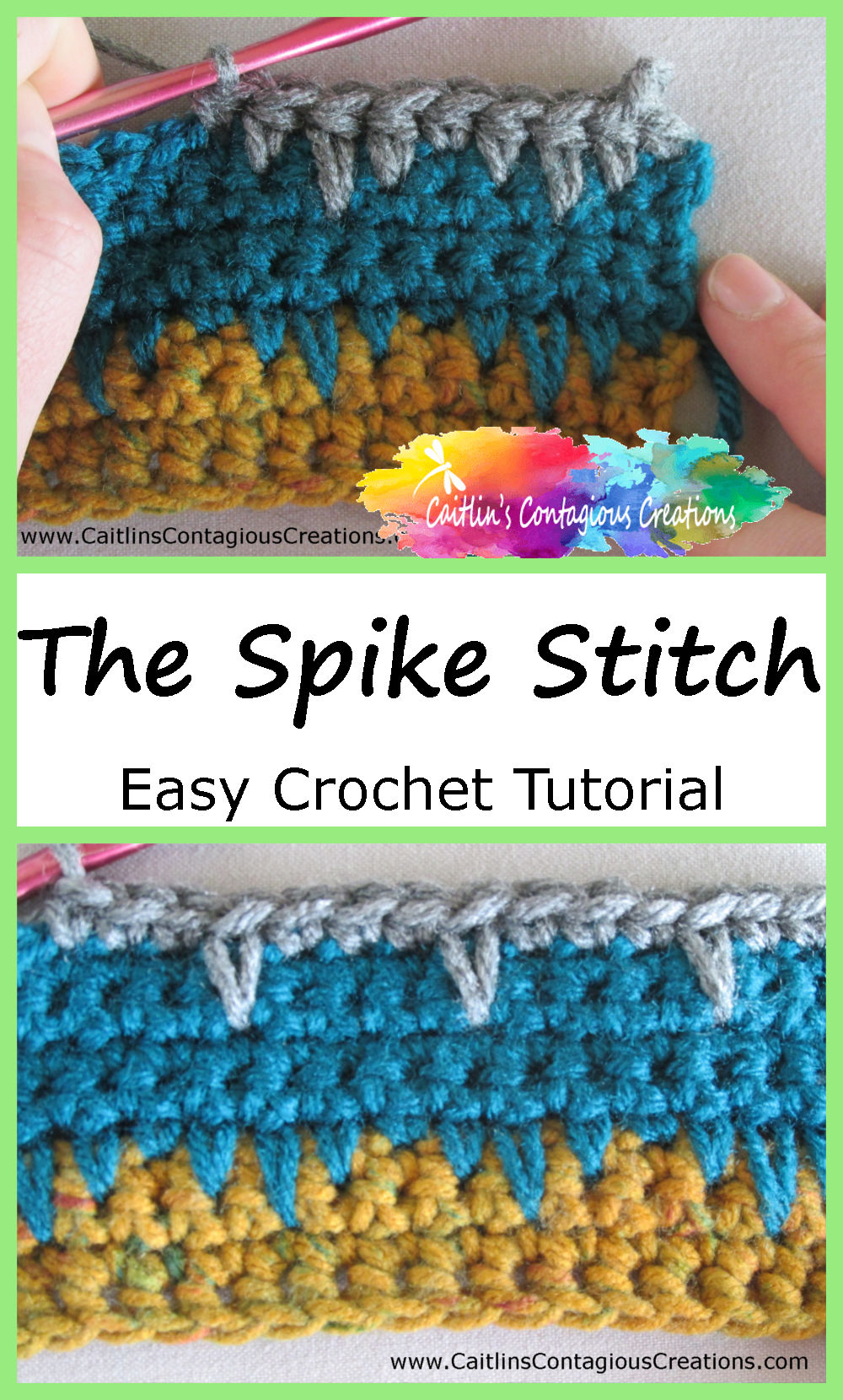 This free crochet stitch tutorial from Caitlin's Contagious Creations teaches the Spike Stitch. An easy crochet stitch that helps beginners learn beyond basics. Learn to crochet a new, fun stitch with an easy to follow crochet lesson. #FreeCrochetGuide #EasyCrochetLesson #SpikeStitchTutorial