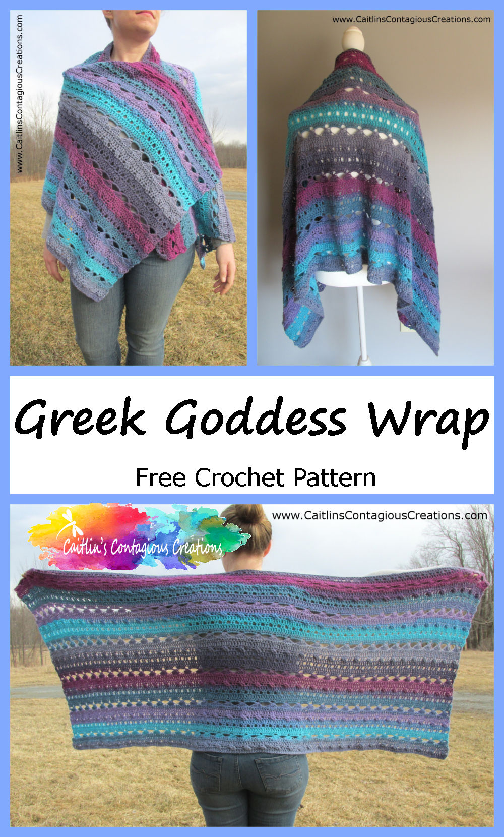 Easy Greek Goddess Shawl Crochet Pattern from Caitlin's Contagious Creations. A free crochet design for a rectangle prayer wrap includes written directions and step by step photos. Make your wrap now! #FreeWrapCrochetPattern #ShawlCrochetDesign #FunCrochetDesign