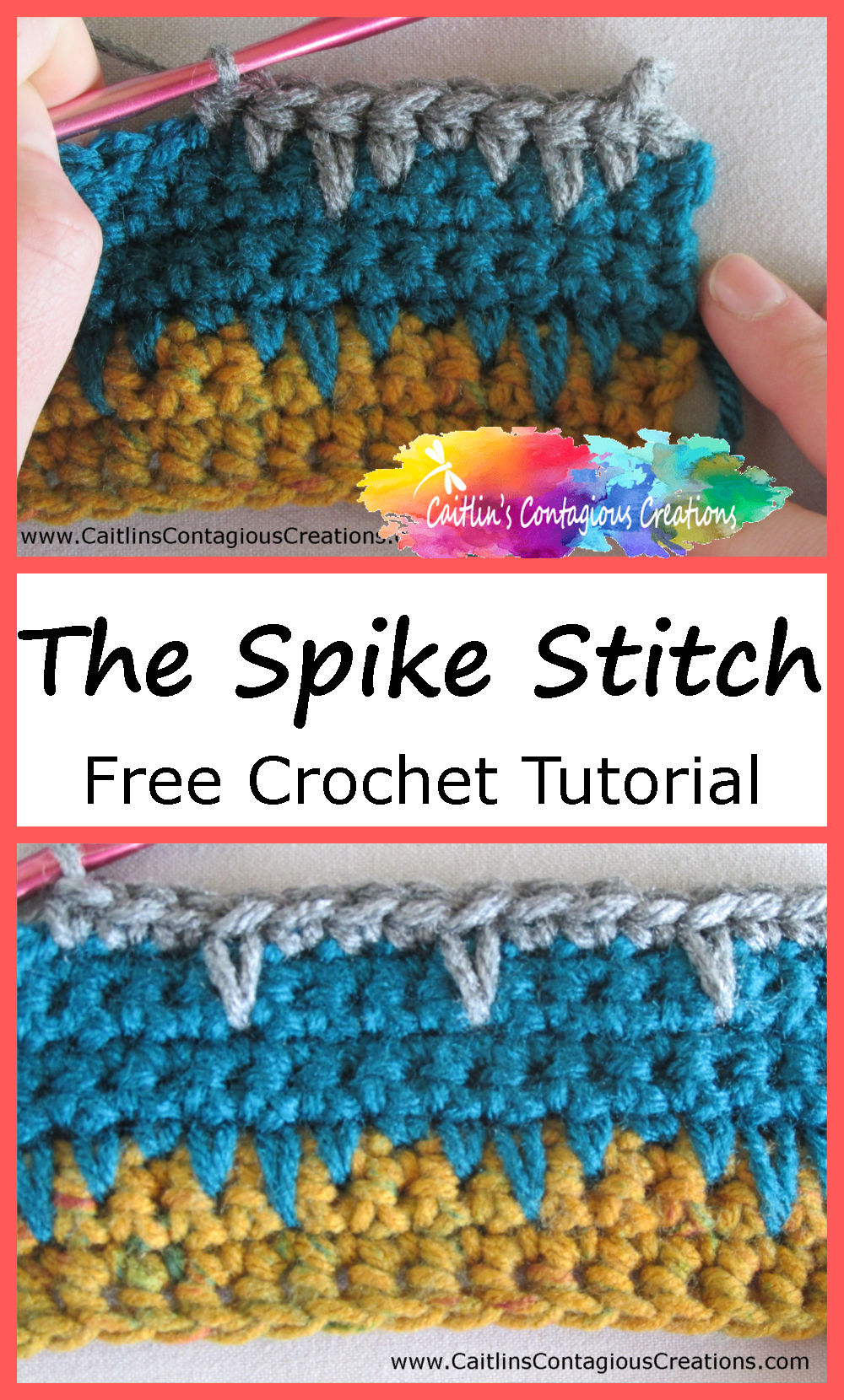 Free Spike Stitch Crochet Tutorial from Caitlin's Contagious Creations. An easy to follow how to lesson teaching the single crochet, half double crochet, and double crochet spike stitch variations. It's like 3 lessons in 1! This easy crochet stitch guide is a great way for beginners to move past basic stitches and learn a fun, new crochet stitch! #FreeCrochetTutorial #PhotoCrochetTutorial #EasyCrochetStitch