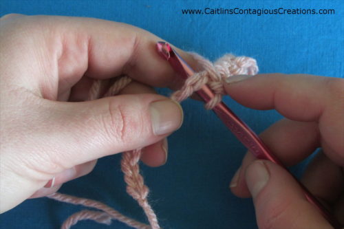 hook inserted into crochet chain stitches with 2 loops on top. bottom loop is under the hook