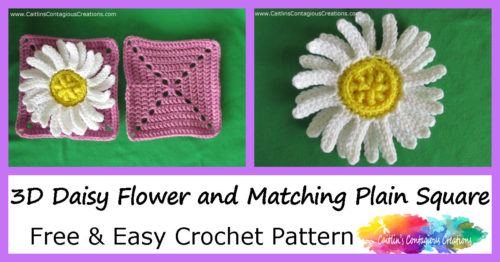 3D Daisy Square Crochet Pattern from Caitlin's Contagious Creations. A free and easy crochet pattern for a fun flower square and a matching plain square. The pattern includes easy to follow written directions and step by step photo instructions. Use the 6.5 inch square for blankets, afghans, purses, and anywhere you'd use a granny square! Check out this fun pattern today!
